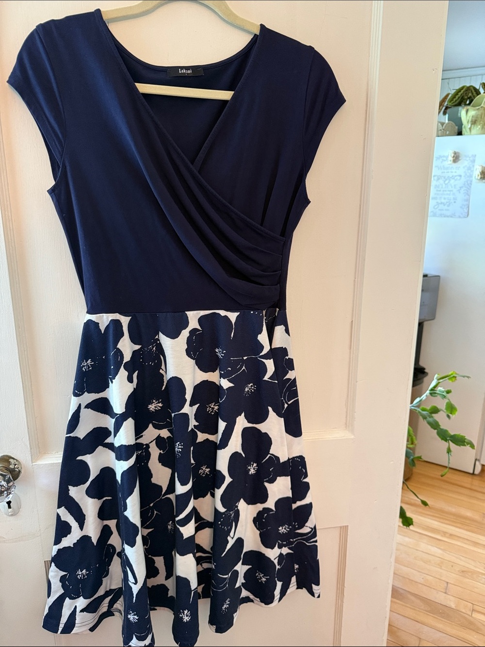 Navy Drape-Waist Floral Skater Dress